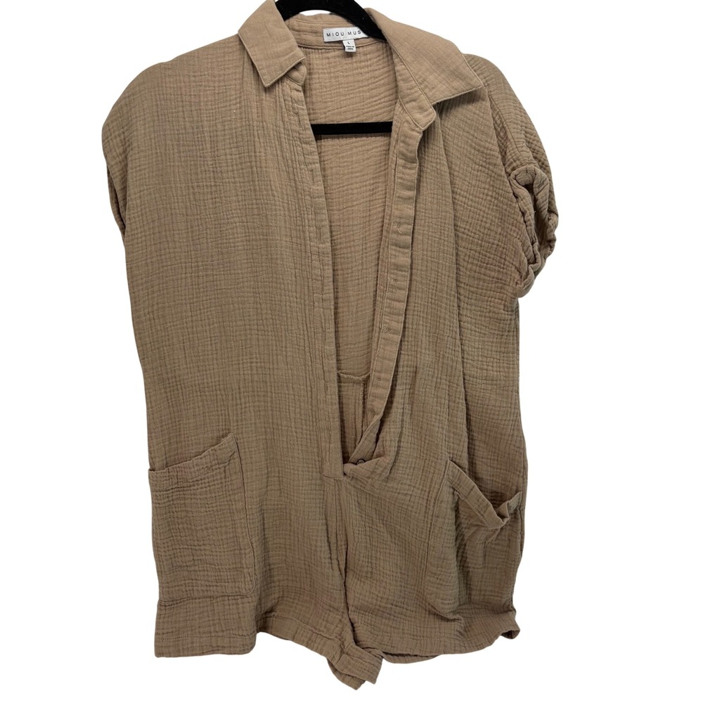 Miou Muse Tan Cotton Double Gauze Button Front Romper Large R2271 Short Sleeve